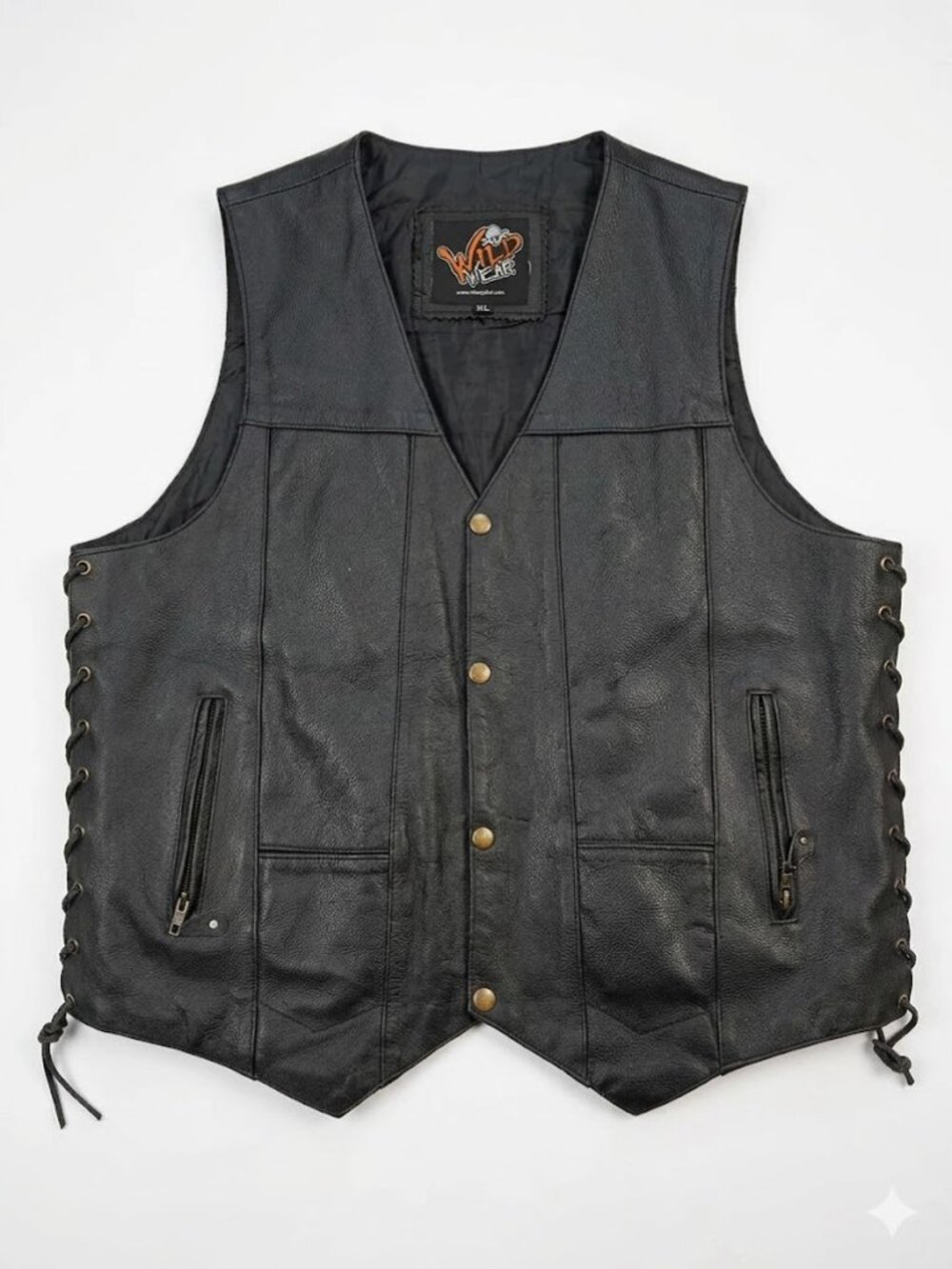 Wild Wear Black Leather Biker Vest Mens XL Lace Up Sides Snap Front Motorcycle G